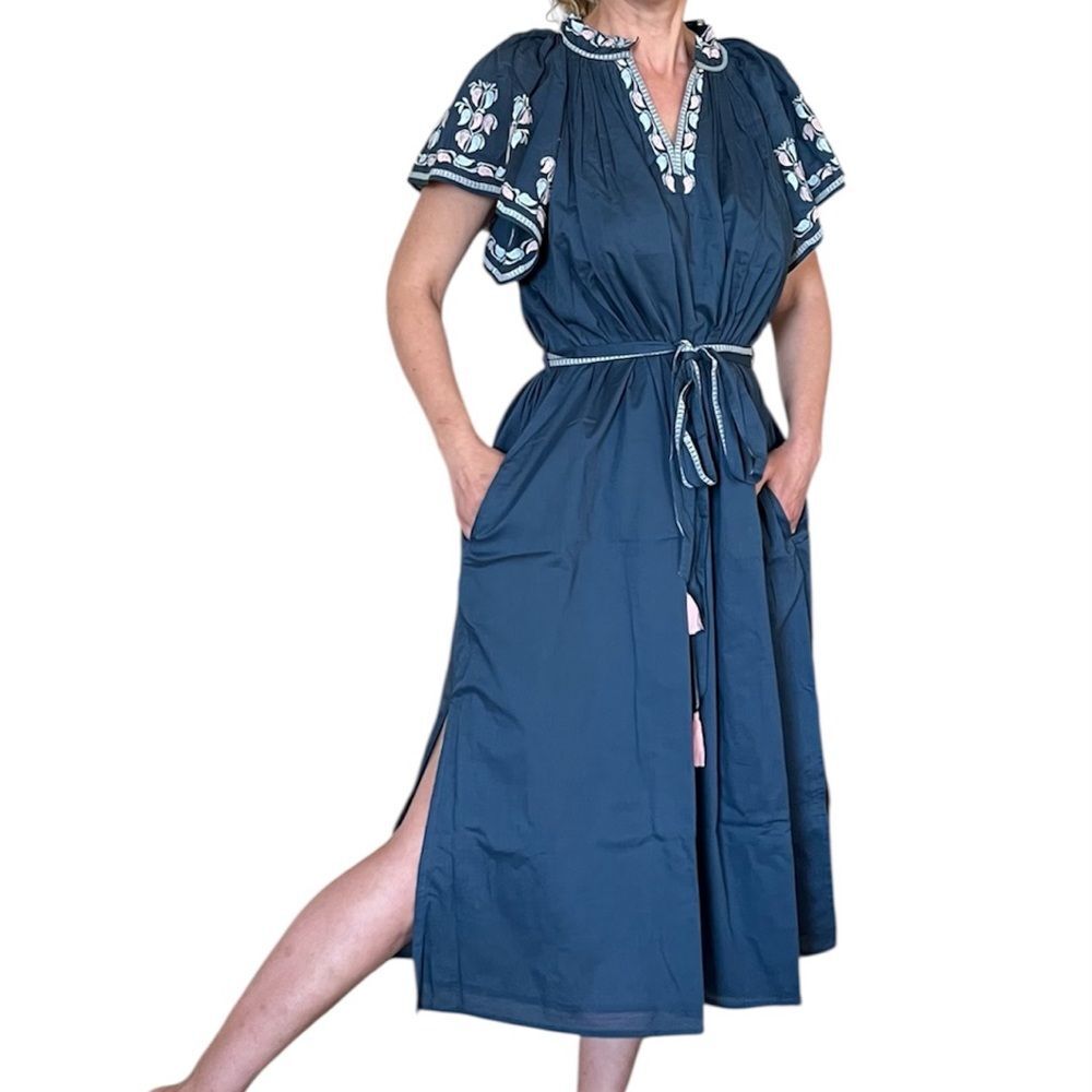 Ex Voto Bri midi dress with embroidery flatter short sleeves blue 100% cotton